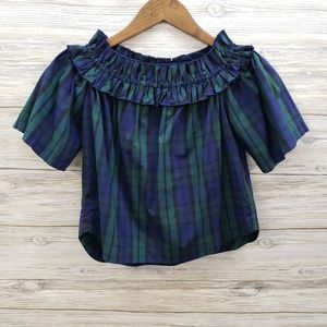 Vineyard Vines Green Navy Plaid Off Shoulder Top